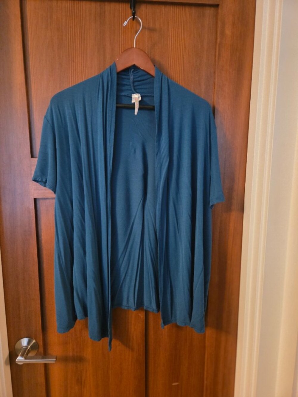 MOA Collection Teal Short Sleeve Asymmetrical Hem Cardigan - Picture 6 of 7